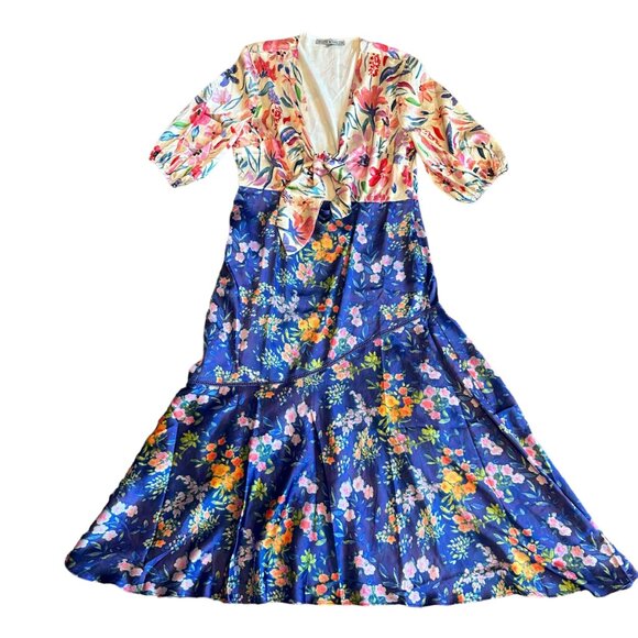 Hope & Ivy Maternity Tie Front Midi Tea Dress Satin Contrast Floral Size 14 NWOT - Picture 2 of 13